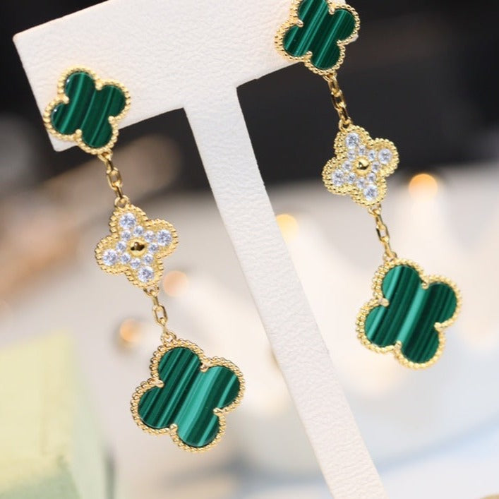 [Love More]CLOVER EARRINGS GOLD MALACHITE DIAMOND 3 MOTIF