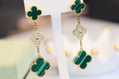 [Love More]CLOVER EARRINGS GOLD MALACHITE DIAMOND 3 MOTIF