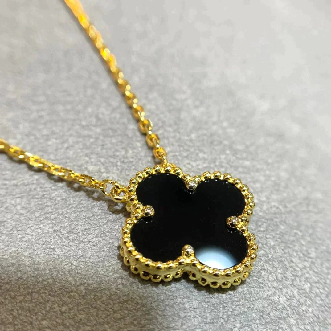 [Love More]CLOVER 15MM BLACK ONYX SINGLE FLOWER NECKLACE