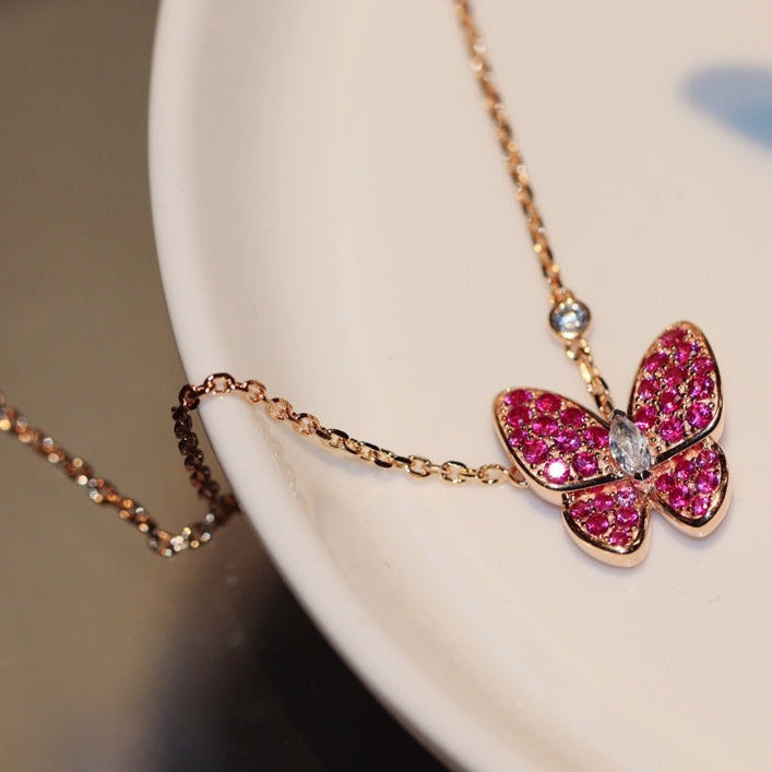 [Love More]BUTTERFLY RED DIAMOND ROSE GOLD NECKLACE