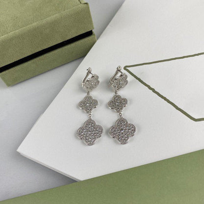 [Love More]CLOVER 3 MOTIF DIAMOND SILVER DROP EARRINGS