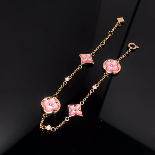 [Love More]STAR AND SUN 4 MOTIF PINK MOP PINK GOLD BRACELET