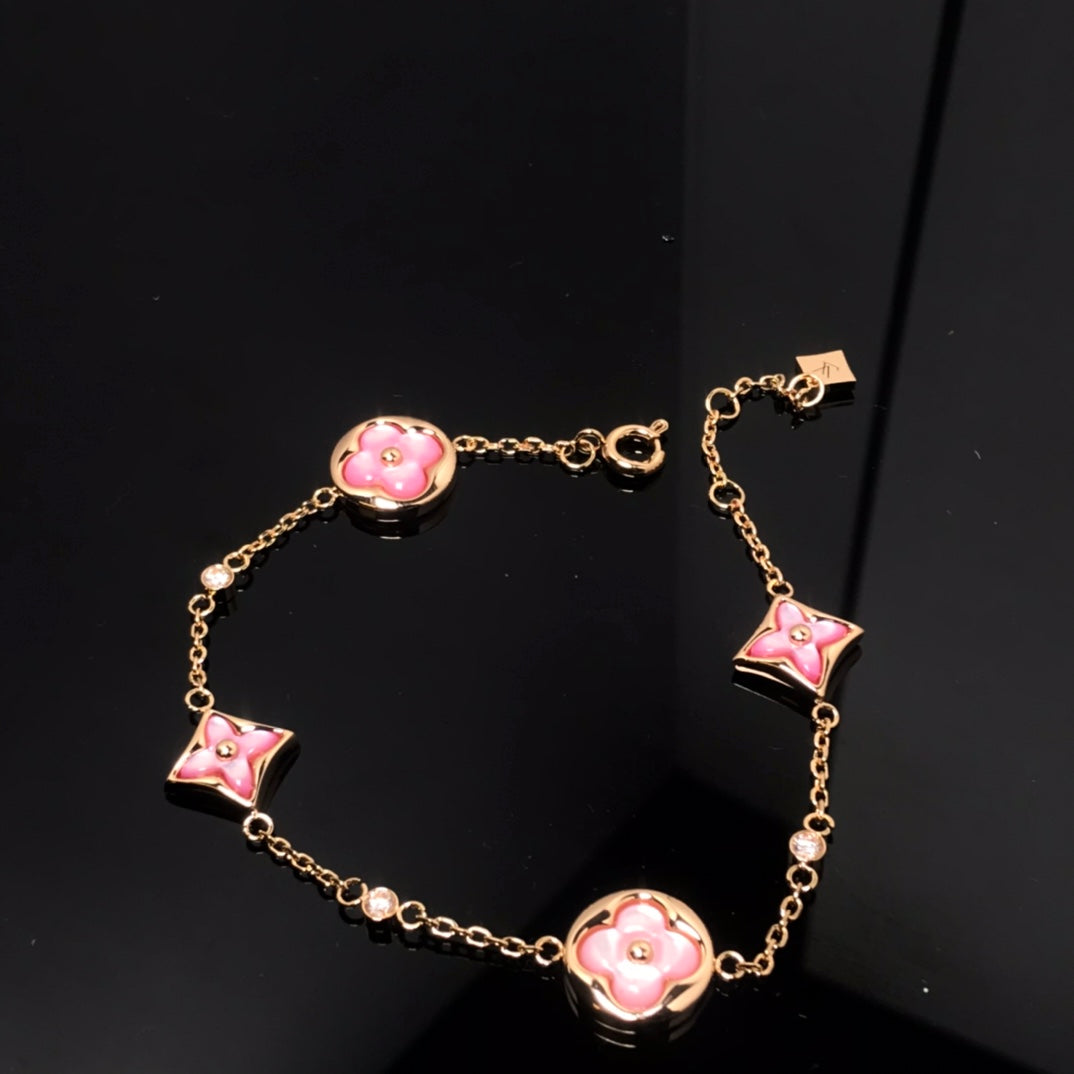 [Love More] Armband mit Stern- und Sonnenmotiv, 4 Motive, Rosa Perlmutt, Rosagold 