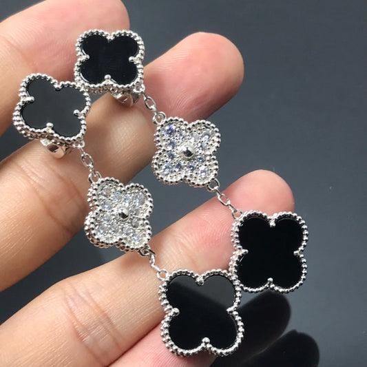 [Love More]CLOVER 3 MOTIF DIAMOND ONYX SILVER EARRINGS