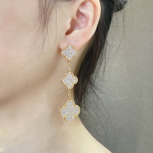 [Love More]CLOVER 3 MOTIFS DIAMOND PAVED ROSE GOLD EARRINGS