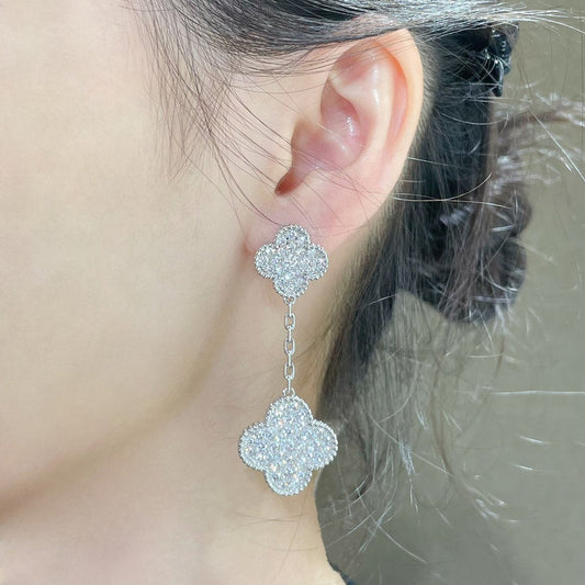 [Love More]CLOVER 2 MOTIFS DIAMOND PAVED SILVER EARRINGS