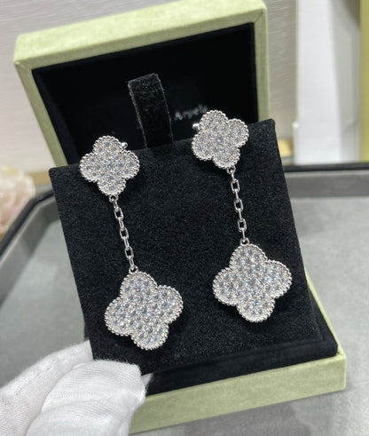 [Love More]CLOVER 2 MOTIFS DIAMOND PAVED SILVER EARRINGS