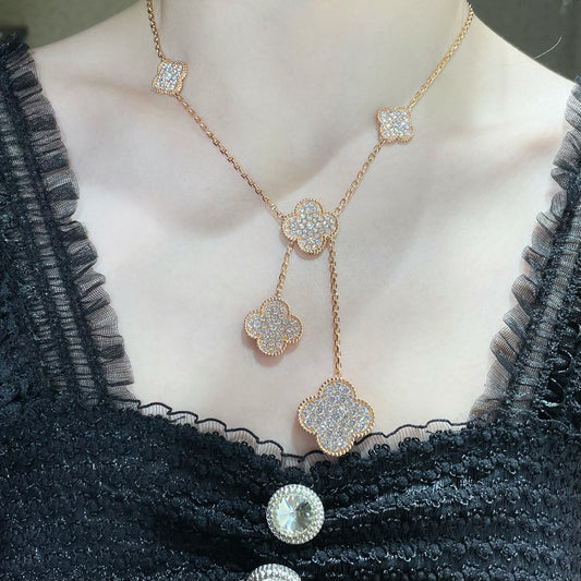 [Love More]CLOVER 6 MOTIF DIAMOND PAVED NECKLACE