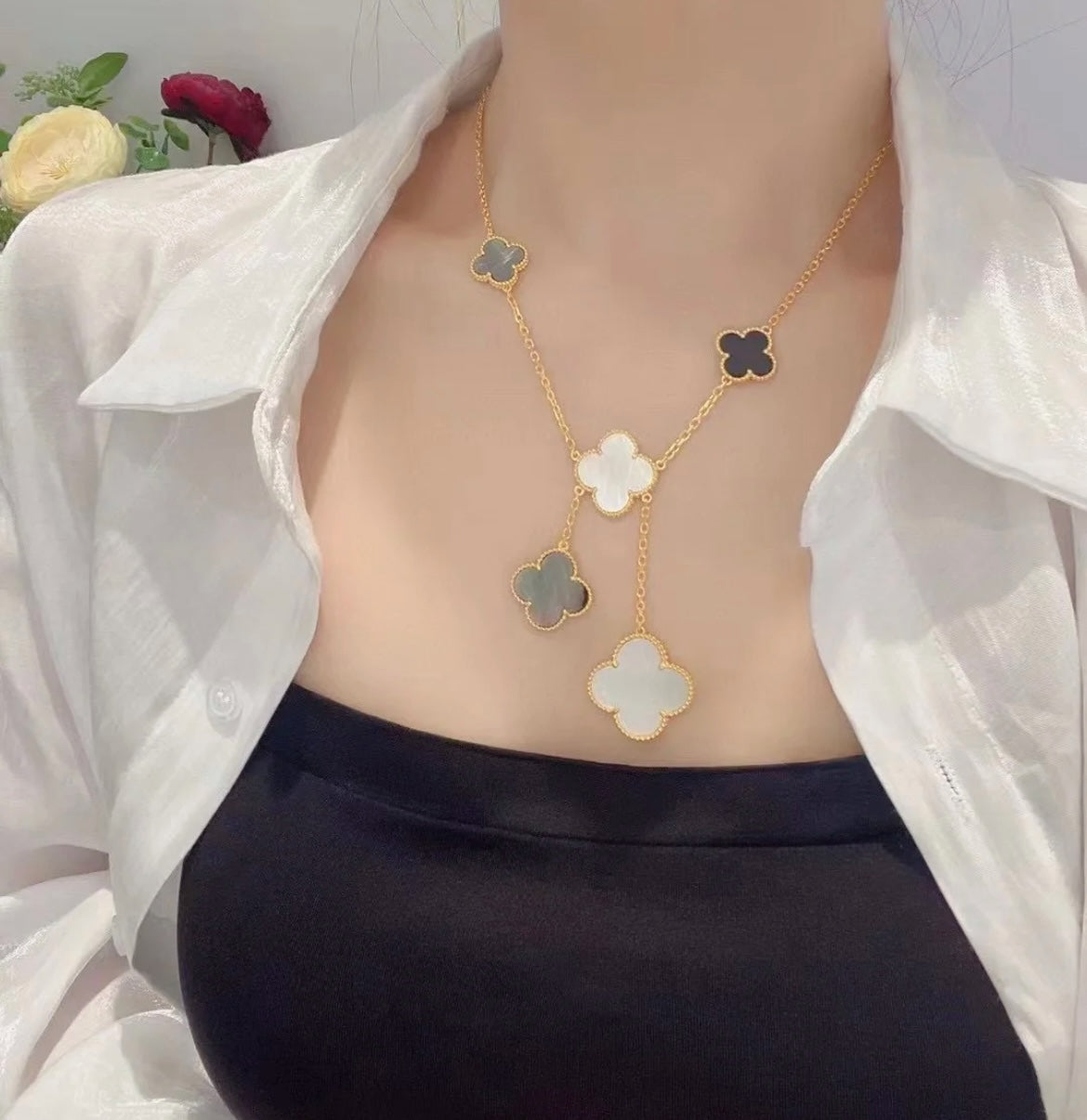 [Love More]CLOVER 6 MOTIF MOP ONYX GOLD NECKLACE