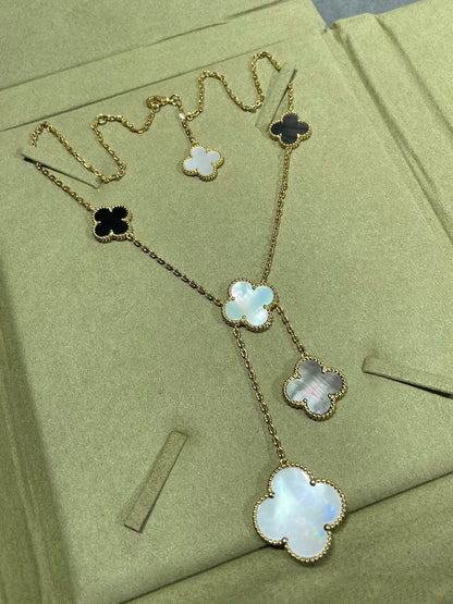 [Love More]CLOVER 6 MOTIF MOP ONYX GOLD NECKLACE