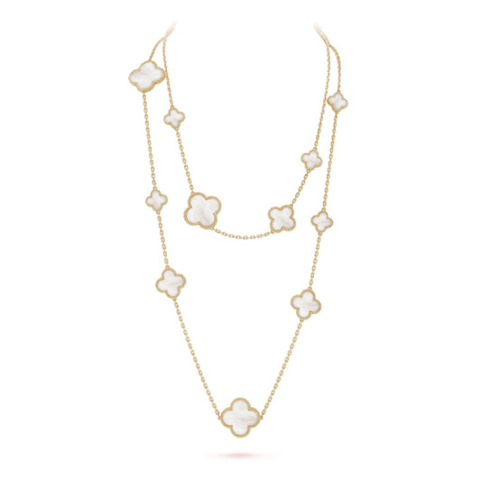 [Love More]CLOVER 16 MOTIF WHITE MOP GOLD NECKLACE