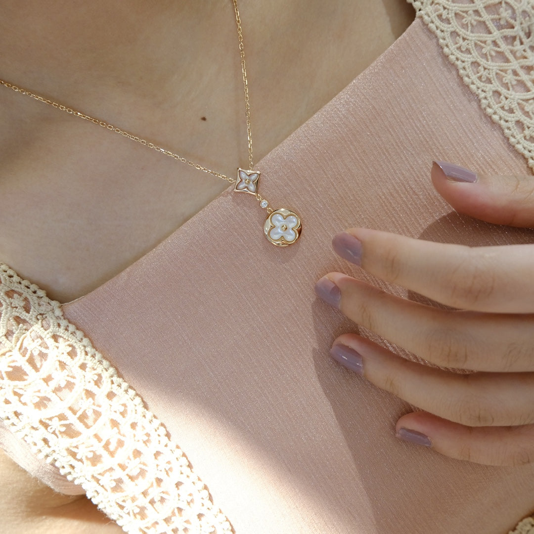 [Love More]STAR AND SUN WHITE MOP 2 MOTIF PINK GOLD NECKLACE