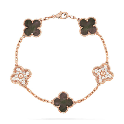 [Love More]CLOVER 5 MOTIFS DARK MOP AND DIAMONDS PINK GOLD BRACELET