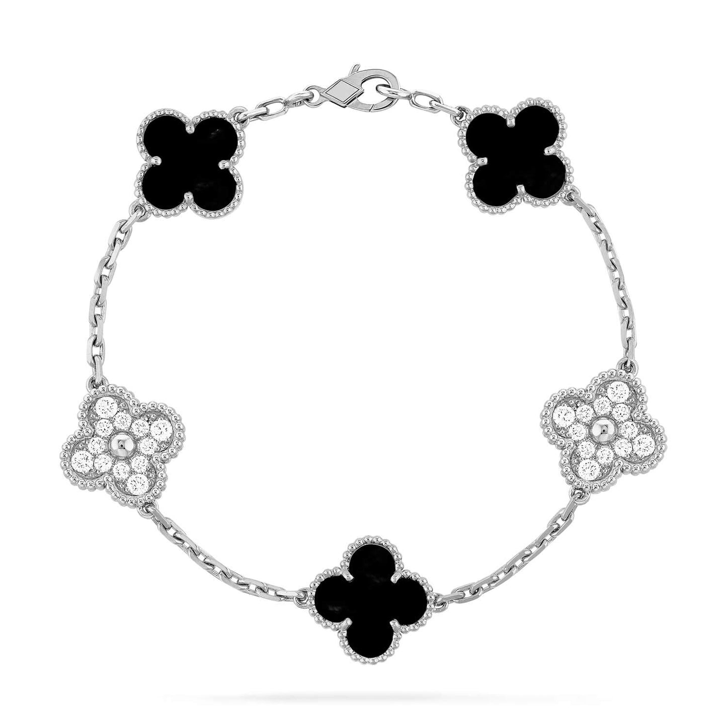 [Love More]CLOVER 5 MOTIF ONYXS DIAMOND BRACELET SILVER