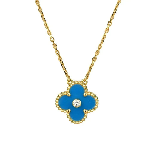 [Love More]CLOVER 15MM DIAMOND AND BLUE AGATE NECKLACE