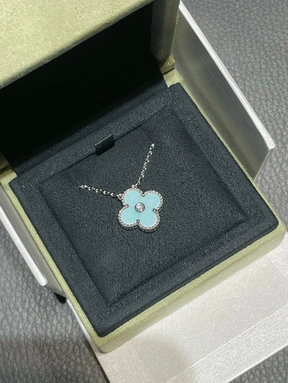 [Love More]CLOVER 1 DIAMOND LIGHT BLUE SILVER NECKLACE