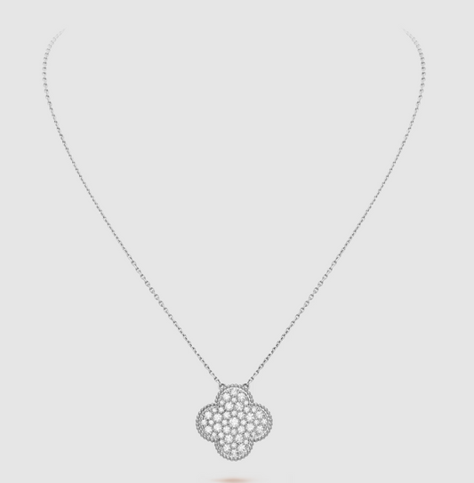 [Love More]CLOVER 25MM LARGE PENDANT DIAMOND PAVED SILVER NECKLACE