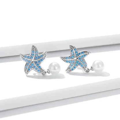 Ocean Blue Zircon Starfish Stud Earrings Shell Pearl Drop Earrings