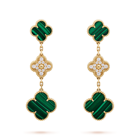 [Love More]CLOVER EARRINGS GOLD MALACHITE DIAMOND 3 MOTIF