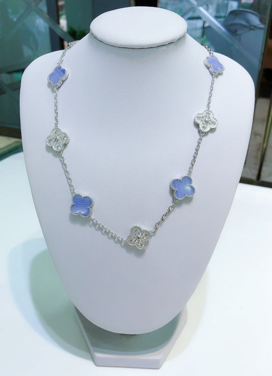 [Love More]CLOVER 10 MOTIFS CHALCEDONY DIAMONDS SILVER NECKLACE