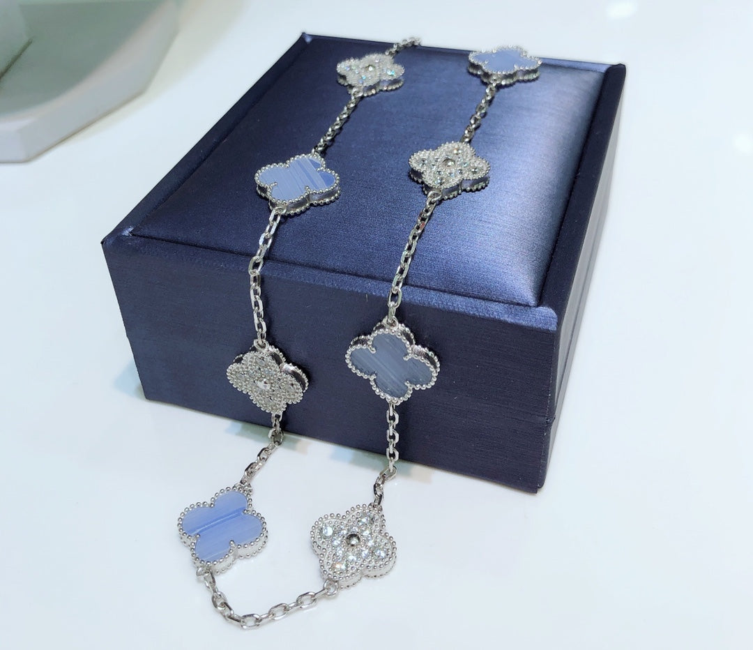 [Love More]CLOVER 10 MOTIFS CHALCEDONY DIAMONDS SILVER NECKLACE