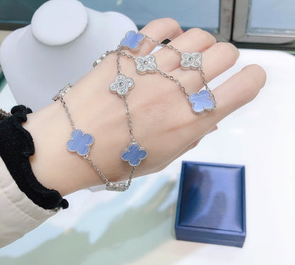 [Love More]CLOVER 10 MOTIFS CHALCEDONY DIAMONDS SILVER NECKLACE