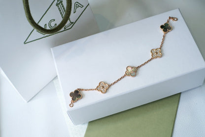 [Love More]CLOVER 5 MOTIFS DARK MOP AND DIAMONDS PINK GOLD BRACELET