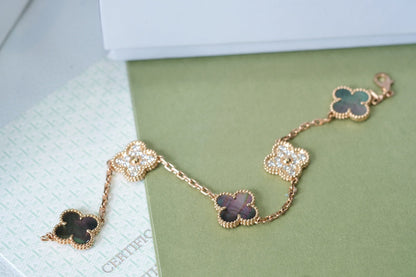 [Love More]CLOVER 5 MOTIFS DARK MOP AND DIAMONDS PINK GOLD BRACELET